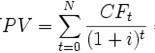 : NPV = \sum_{t=0}^N \frac{CF_t}{(1+i)^t} = -IC + \sum_{t=1}^N \frac{CF_t}{(1+i)^t}