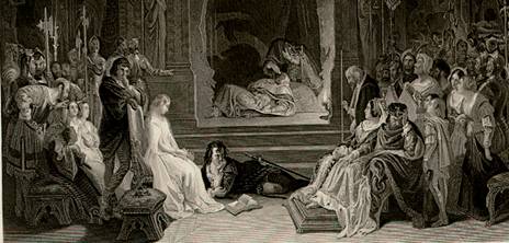 : Hamlet_play_scene_croppedDaniel Maclise (1806-1870) to The Works of Shakspeare.png